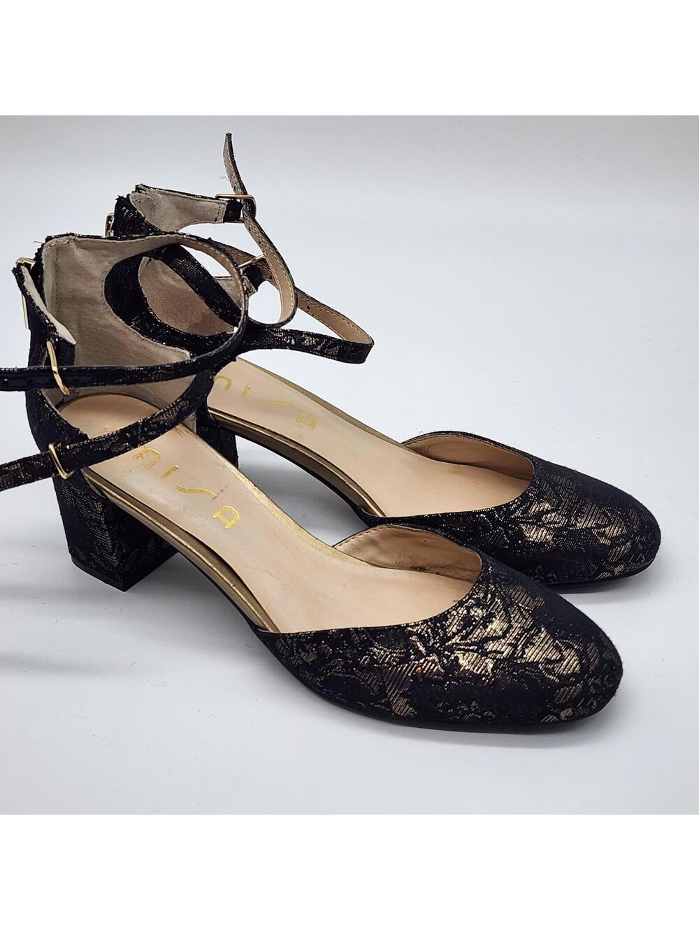 Unisa Georgie Black & Gold Brocade Block Heels Pumps Ankle Strap Sandals 8